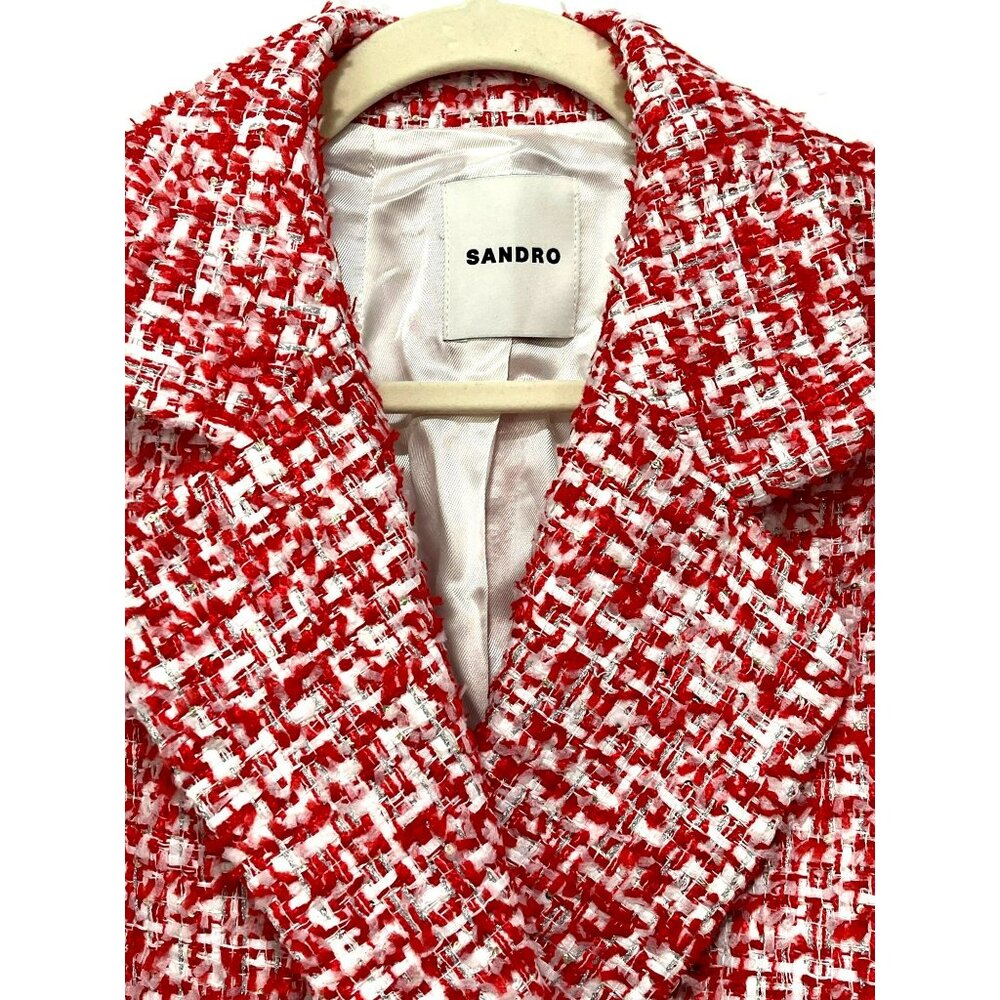 Sandro $580 Red Tweed Cropped Blazer Jacket Evening NWT Size 10 - Picture 5 of 9